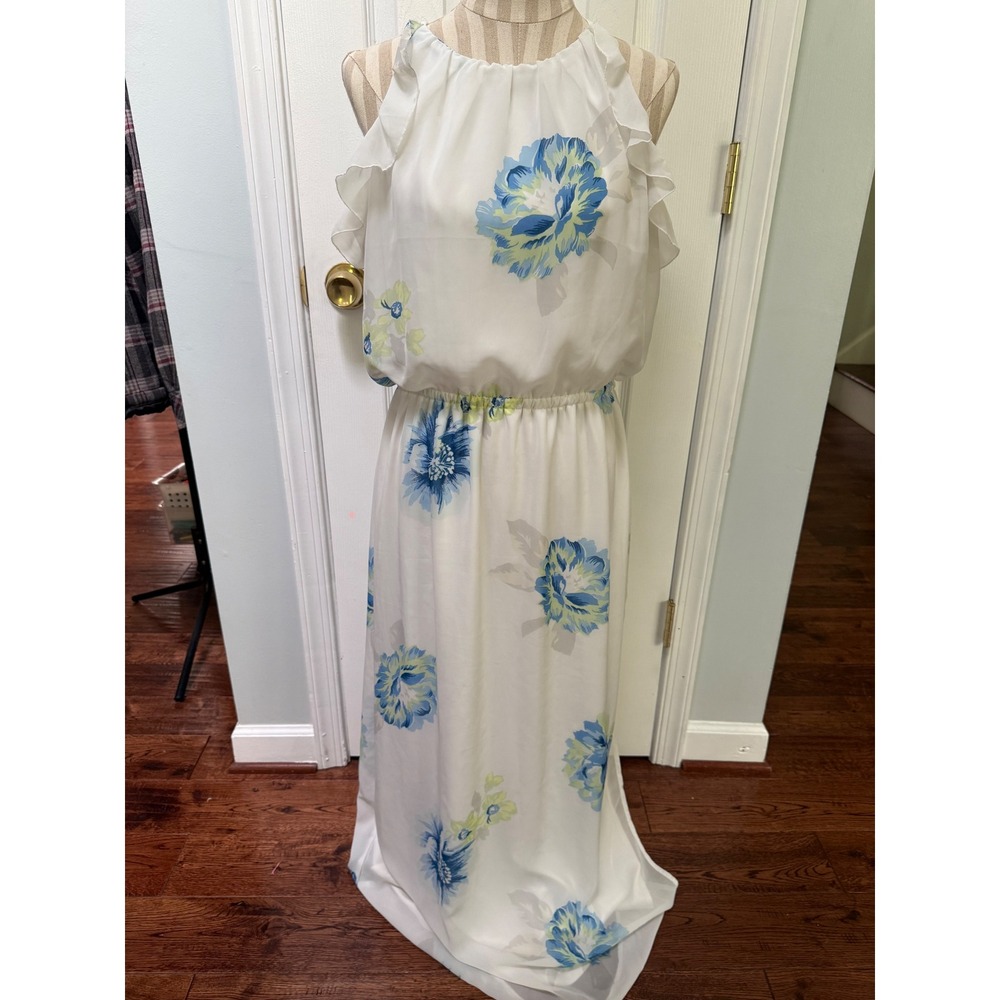 Old Navy Blue Floral Flutter Sleeve Maxi Dress White Boho Large SP15 344598-01